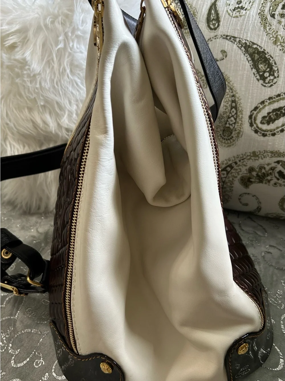 NWT Marino Orlandi Two-Tone White & Brown Leather Backpack with Red Accent